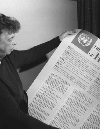 A person woman-presenting holds a large piece of paper covered with text and a large title reading "The Universal Declaration of Human Rights." Partially obscured.