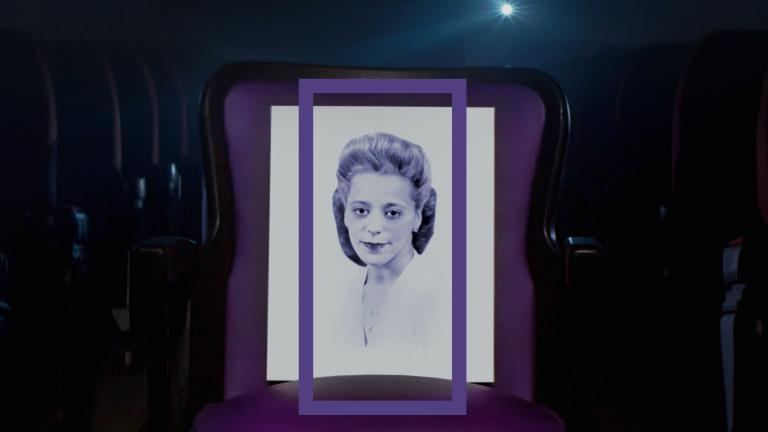 A head-and-shoulder portrait of Viola Desmond framed by a vertical purple rectangle. Viola is wearing a white top. Partially obscured.